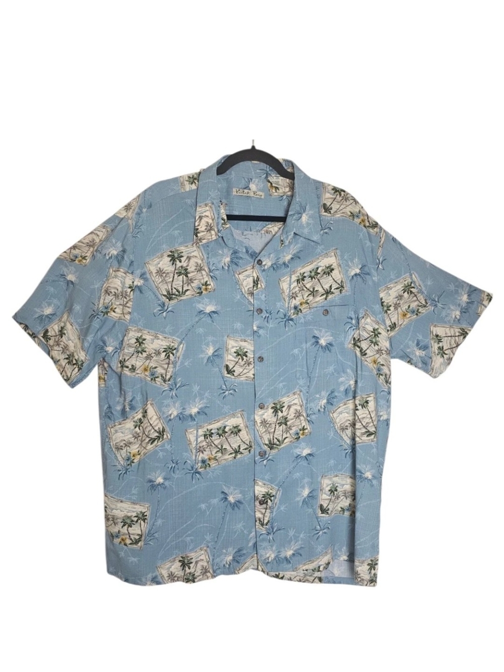 Vintage Batik Bay Men's Hawaiian Button Down Shirt Blue Tan XXL Palm Trees 90s